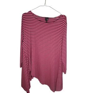 Lisa Bayne Petite L Pink Black Striped Asymmetrical Tunic Top Lagenlook USA